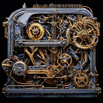 복잡한 톱니바퀴와 선로가 청사진 위에서 조립되는 역동적인 기계 장치의 모습이다.