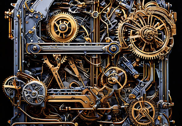 복잡한 톱니바퀴와 선로가 청사진 위에서 조립되는 역동적인 기계 장치의 모습이다.