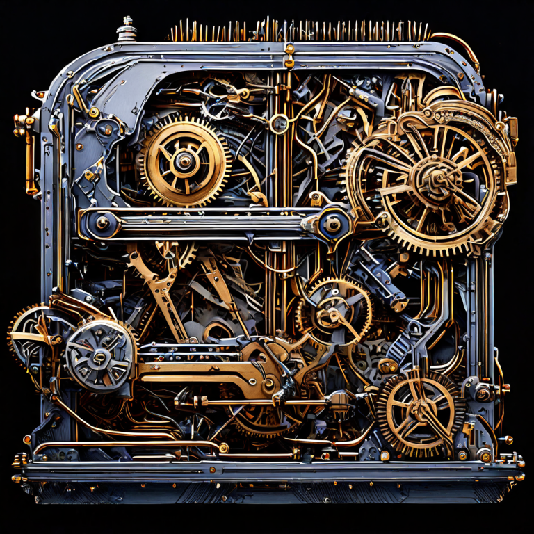 복잡한 톱니바퀴와 선로가 청사진 위에서 조립되는 역동적인 기계 장치의 모습이다.