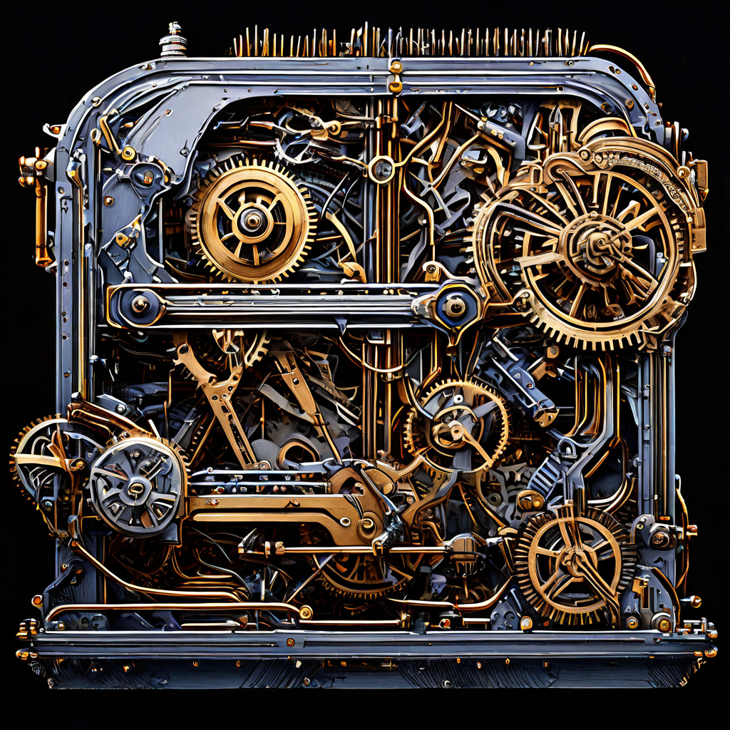 복잡한 톱니바퀴와 선로가 청사진 위에서 조립되는 역동적인 기계 장치의 모습이다.