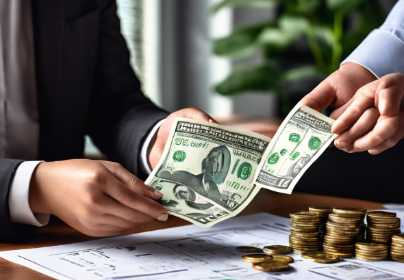 푸른색 배경의 재무 전략 인포그래픽 앞에서, 한 사람이 현금 영수증을 받으며 지갑으로 동전이 돌아오는 모습이다.