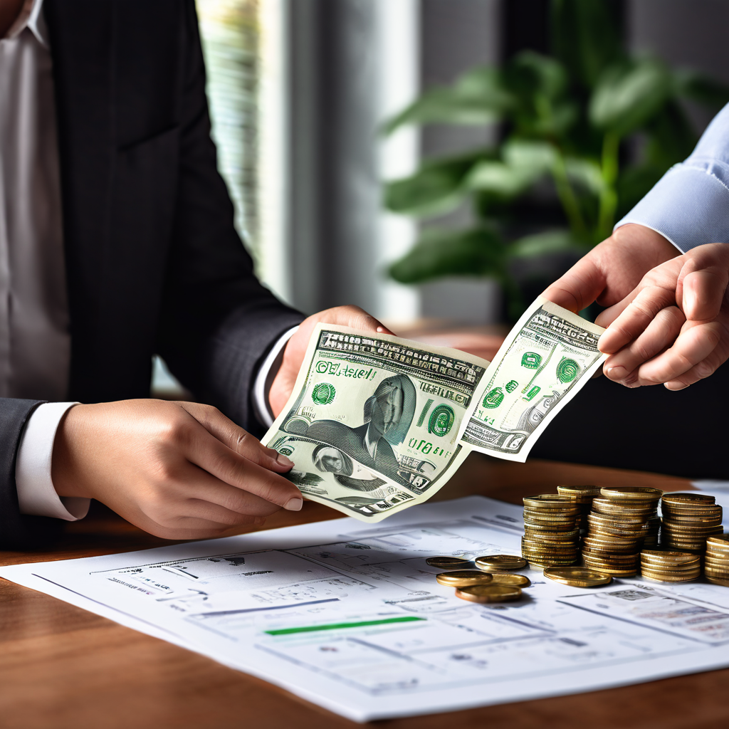 푸른색 배경의 재무 전략 인포그래픽 앞에서, 한 사람이 현금 영수증을 받으며 지갑으로 동전이 돌아오는 모습이다.