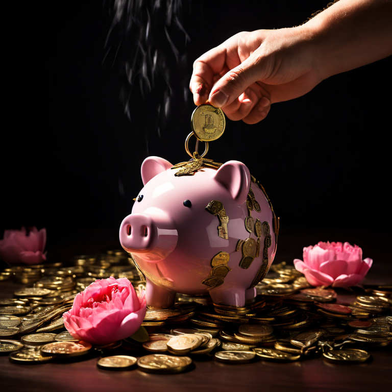 돼지 저금통에서 꺼내는 손과 함께 쇠사슬과 자물쇠로 표현된 숨겨진 수수료가 작은 동전들과 함께 그림자 속으로 떨어지는 모습이다.