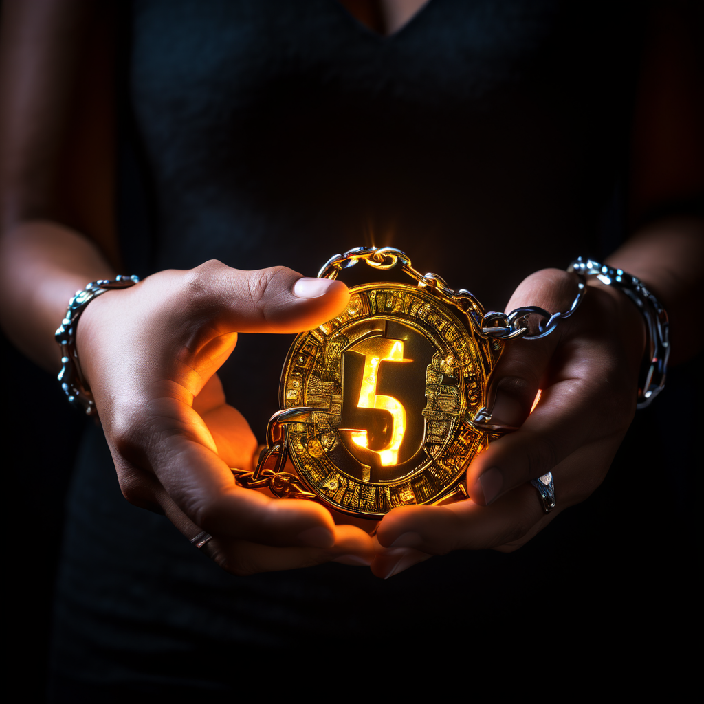 빛나는 송금 번호를 들고 있는 손목에는 보이지 않는 자물쇠와 사슬이 감겨 있어, 그 번호가 가진 위험성을 상징하는 모습이다.