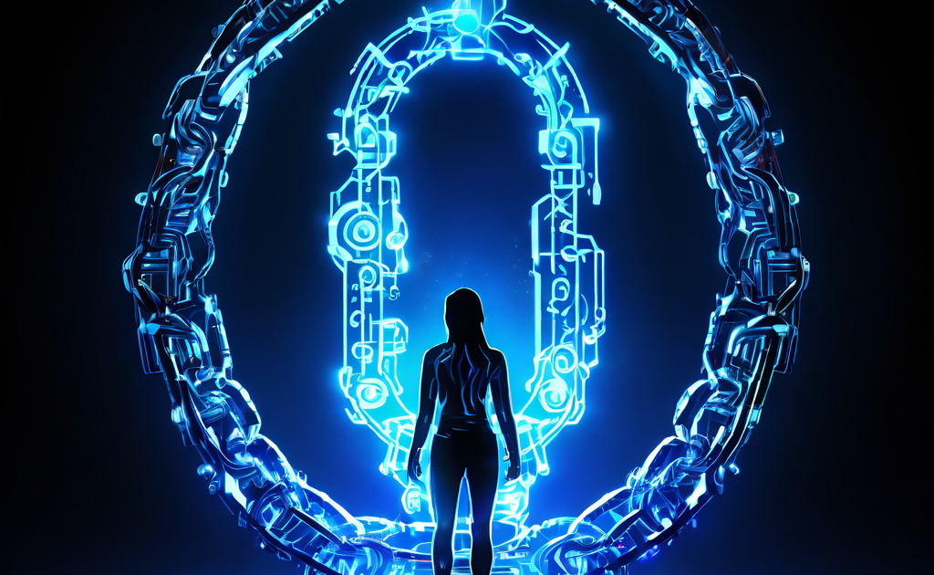 디지털 신원의 고유하고 양도할 수 없는 소유권을 상징하는 빛나는 크리스탈 형태의 정체성 정박지가 개인의 실루엣에 영구적 검증을 의미하는 불가분의 코드 사슬로 고정된 모습을 묘사합니다.