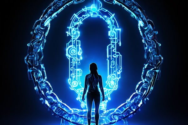 디지털 신원의 고유하고 양도할 수 없는 소유권을 상징하는 빛나는 크리스탈 형태의 정체성 정박지가 개인의 실루엣에 영구적 검증을 의미하는 불가분의 코드 사슬로 고정된 모습을 묘사합니다.