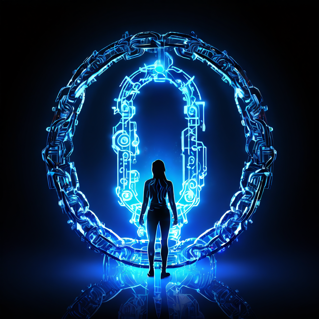 디지털 신원의 고유하고 양도할 수 없는 소유권을 상징하는 빛나는 크리스탈 형태의 정체성 정박지가 개인의 실루엣에 영구적 검증을 의미하는 불가분의 코드 사슬로 고정된 모습을 묘사합니다.