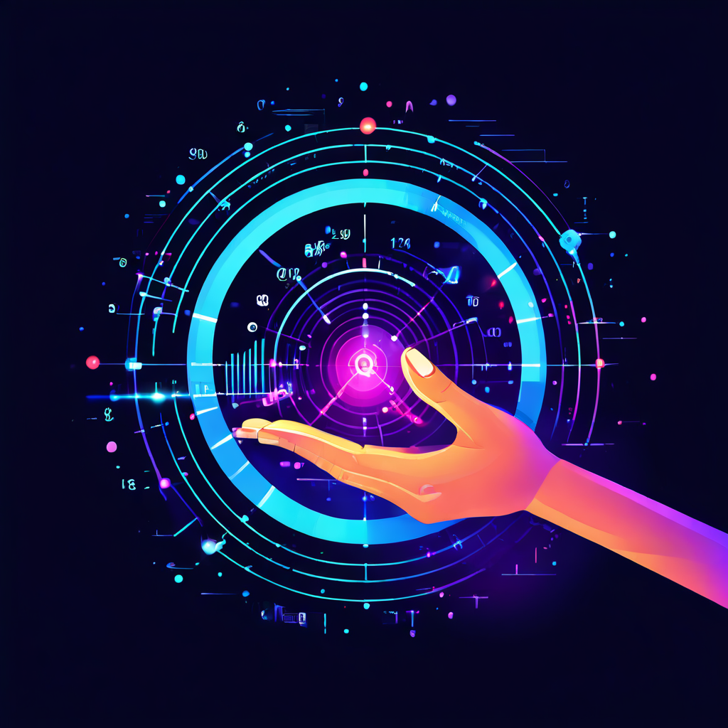 푸른색 데이터 흐름이 목표 아이콘으로 향하는 가운데, 디지털 마케터의 손이 빛나는 측정 도구를 정확히 조정하고 있습니다.