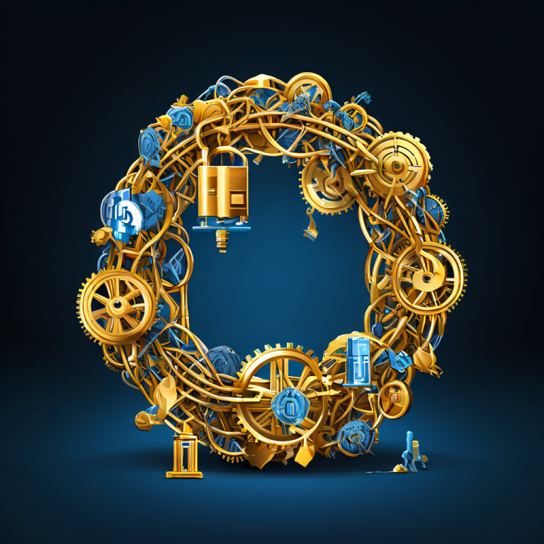 링크드인 연결이 황금색 체인 고리로 변하며 복잡하게 얽힌 통화와 기어 네트워크 속으로 성장하는 모습이다.