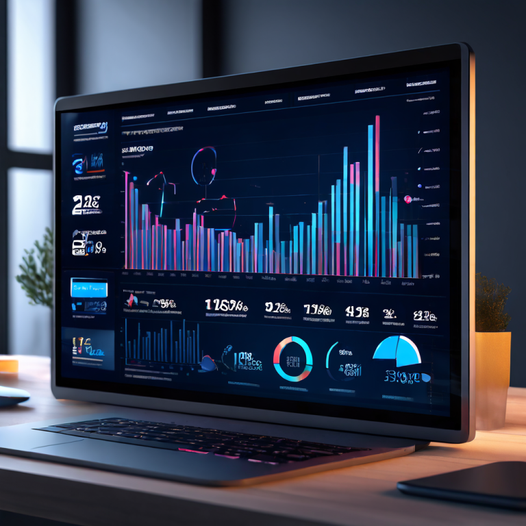 청회색과 흰색의 세련된 디지털 대시보드에 그래프와 차트가 상승 곡선을 그리고 있으며, 광고와 메시징 도구가 통합되어 배치된 모습이다.