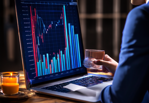 분석가가 상승하는 SEO 점수 그래프와 투자 금액 막대 그래프가 교차하는 지점을 분석하는 모습이다.