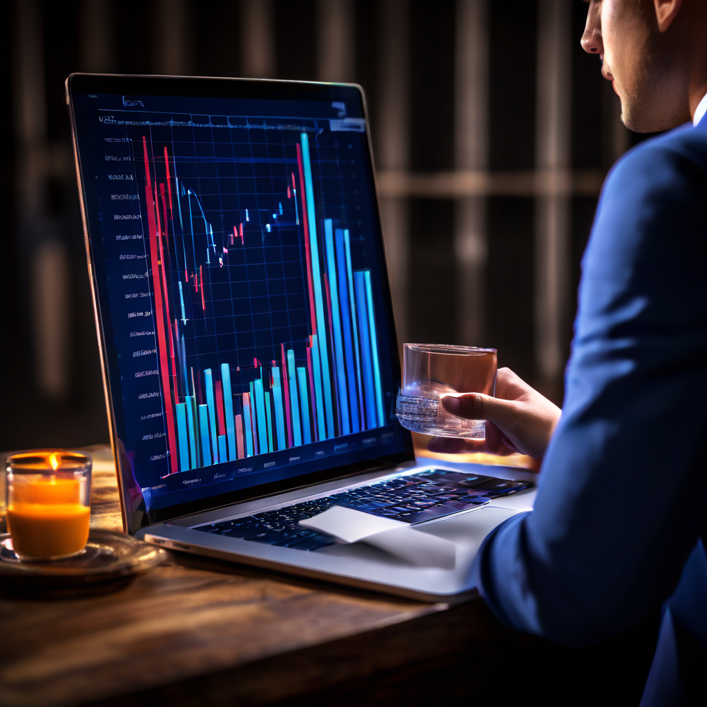 분석가가 상승하는 SEO 점수 그래프와 투자 금액 막대 그래프가 교차하는 지점을 분석하는 모습이다.