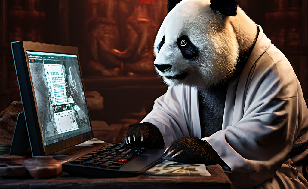 실험복을 입고 컴퓨터를 살피는 우려 가득한 판다가 디지털 공격을 받아 고통받는 고대 중국 철학자의 모습을 화면에 표시하고 있습니다.