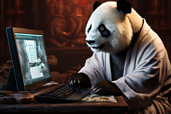 실험복을 입고 컴퓨터를 살피는 우려 가득한 판다가 디지털 공격을 받아 고통받는 고대 중국 철학자의 모습을 화면에 표시하고 있습니다.