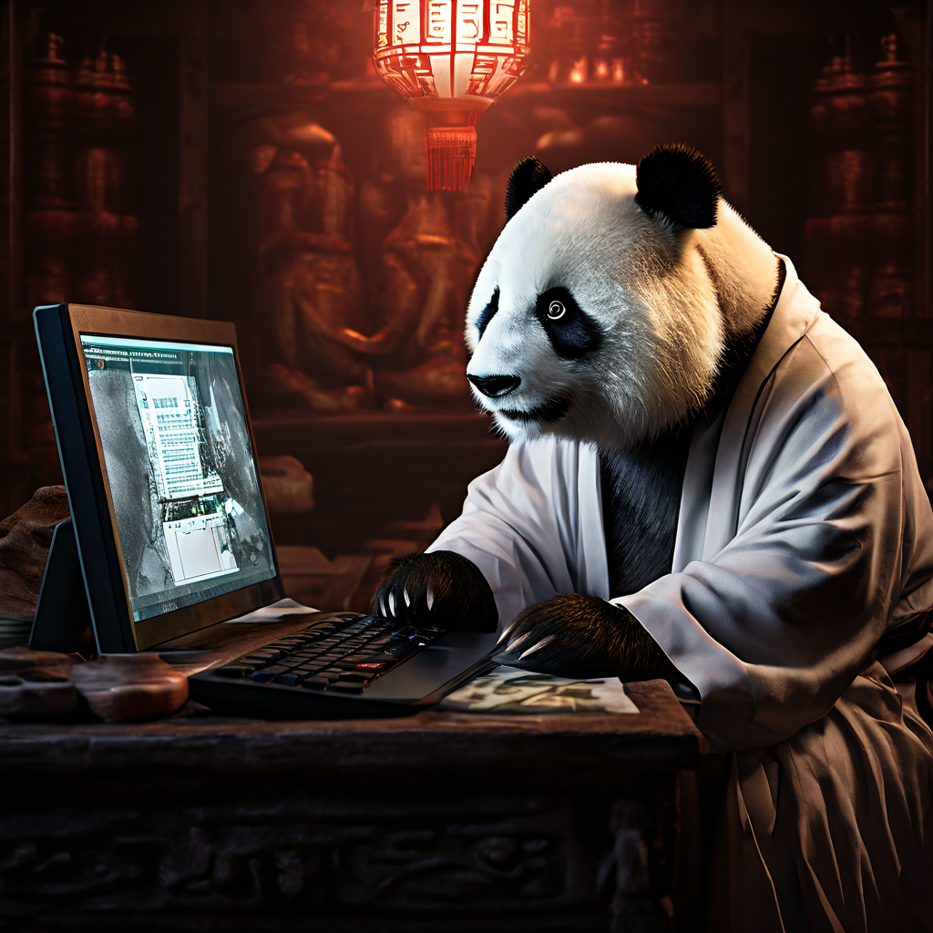 실험복을 입고 컴퓨터를 살피는 우려 가득한 판다가 디지털 공격을 받아 고통받는 고대 중국 철학자의 모습을 화면에 표시하고 있습니다.
