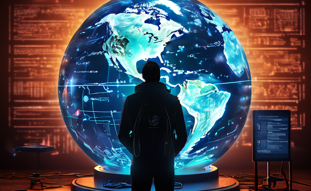 IPFS 기술의 접근 제한을 상징하는 자물쇠와 오류 표시로 세계 지도의 절반이 가려져 있으며, 사용자가 지도 검색에 어려움을 겪고 있는 디지털 지구본 이미지입니다.