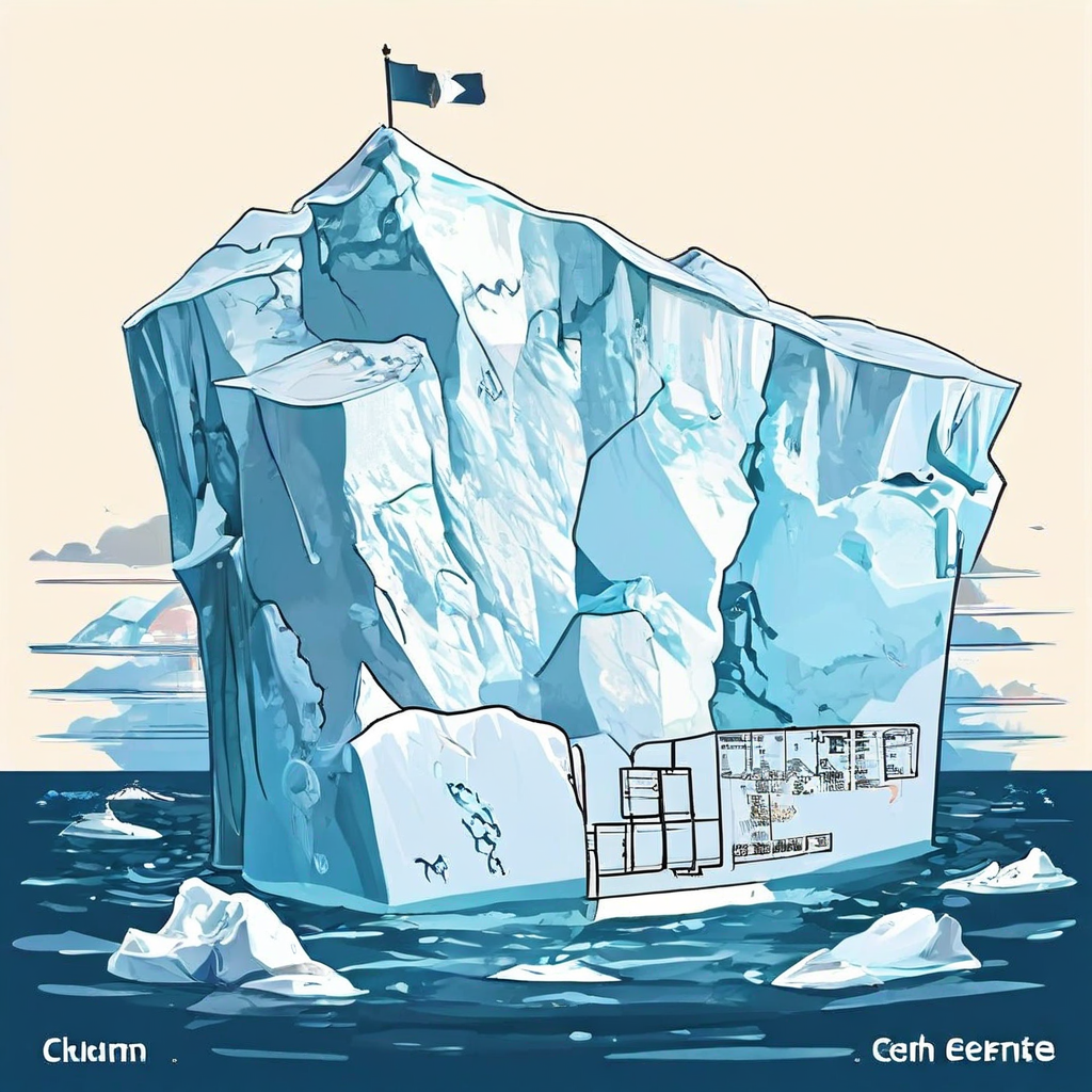 빙산의 작은 윗부분에 이탈률 퍼센티지가 표시되고 물속의 거대한 부분에는 손실 수익과 고객 교체 비용이 적힌 모습이다.