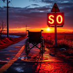 빛나는 교차로 표지판에서 검색 아이콘이 있는 SEO 길과 휠체어와 눈 아이콘이 있는 접근성 길이 만나 밝은 하나의 길로 합쳐지는 모습이다.