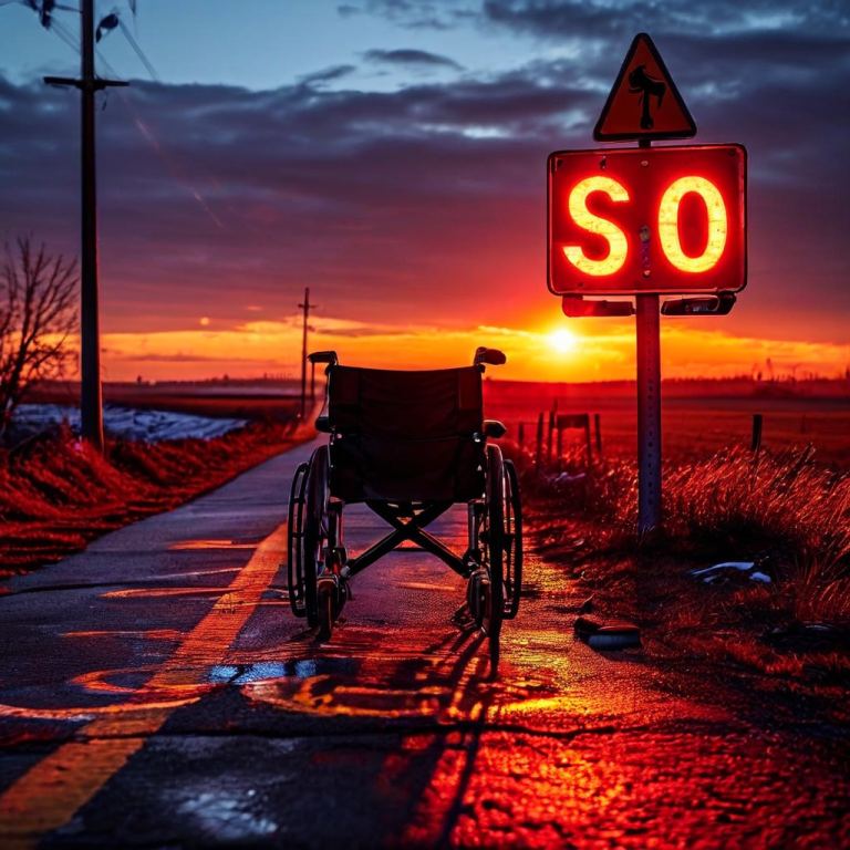 빛나는 교차로 표지판에서 검색 아이콘이 있는 SEO 길과 휠체어와 눈 아이콘이 있는 접근성 길이 만나 밝은 하나의 길로 합쳐지는 모습이다.