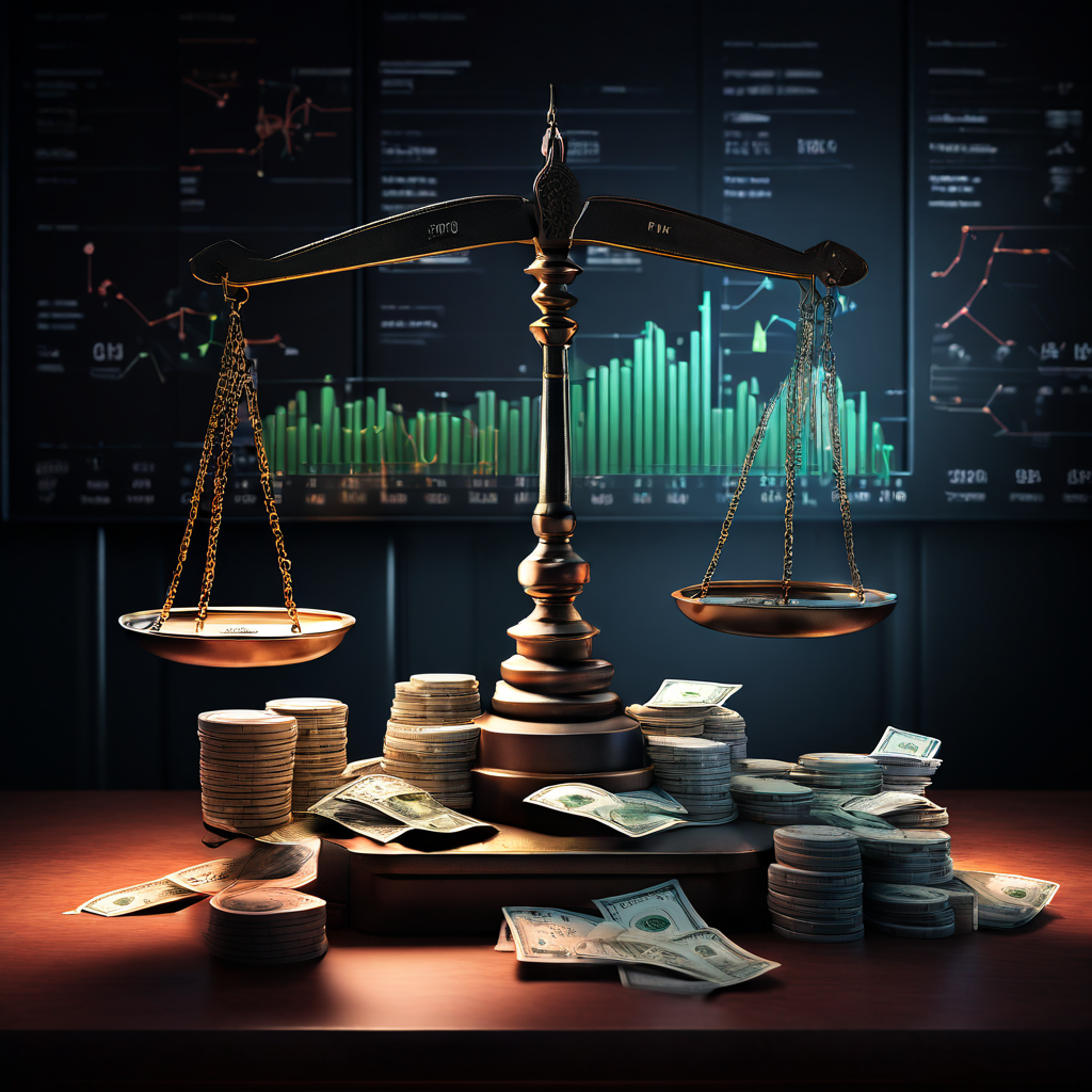 저울 한쪽에는 다양한 화폐가 쌓여 있고 반대쪽에는 그림자처럼 숨겨진 수수료가 놓여 있으며 배경에는 오르내리는 환율 그래프가 펼쳐진 모습이다.