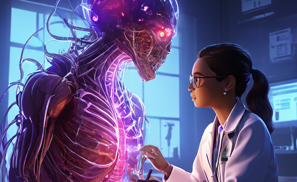 의사가 청진기로 생명력 있게 맥동하는 디지털 신체를 가진 살아 숨쉬는 NFT 생명체를 진찰하는 모습을 상징적으로 표현한 이미지입니다.
