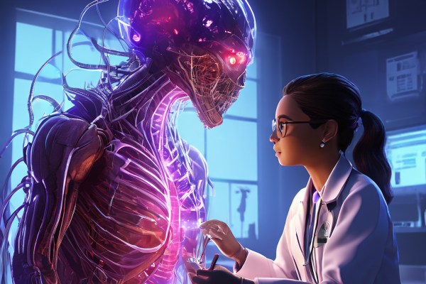 의사가 청진기로 생명력 있게 맥동하는 디지털 신체를 가진 살아 숨쉬는 NFT 생명체를 진찰하는 모습을 상징적으로 표현한 이미지입니다.