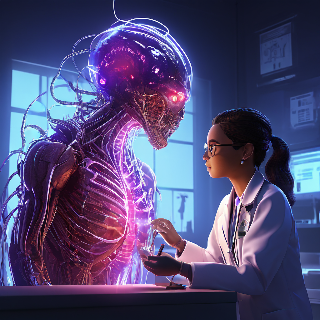 의사가 청진기로 생명력 있게 맥동하는 디지털 신체를 가진 살아 숨쉬는 NFT 생명체를 진찰하는 모습을 상징적으로 표현한 이미지입니다.