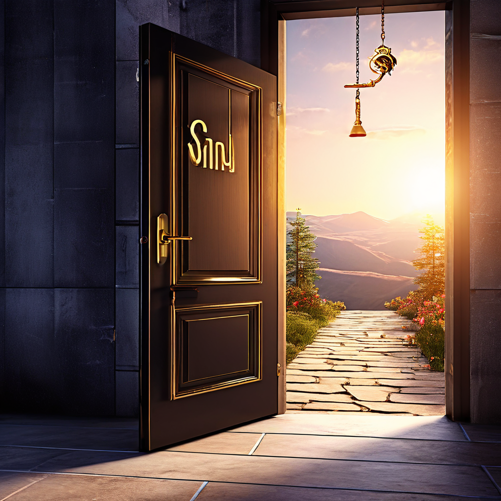 닫힌 '급여' 문과 열린 '기회' 문이 있으며, 두 번째 문으로 이어지는 길 위에 빛나는 스톡옵션 열쇠가 놓여 있습니다.