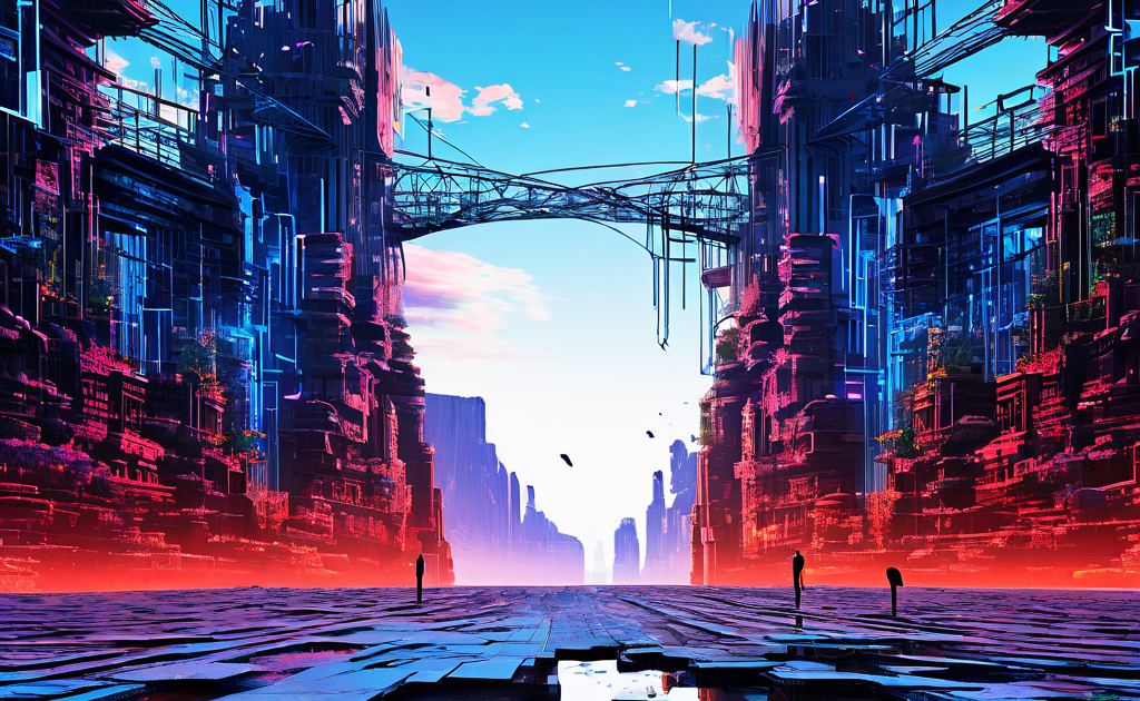 실패한 메타버스 호환성을 상징하며 데이터 교류가 끊기고 오류가 발생한 두 개의 분리된 가상 세계가 단절된 디지털 공간을 묘사한 이미지입니다.