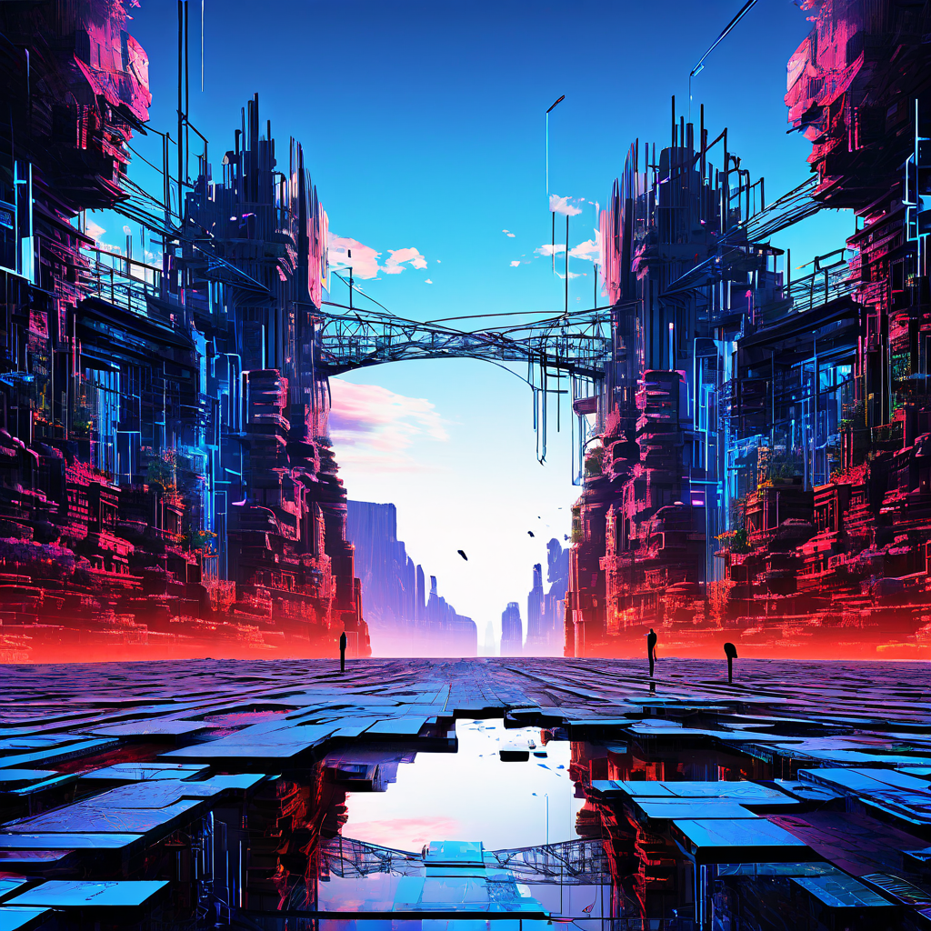 실패한 메타버스 호환성을 상징하며 데이터 교류가 끊기고 오류가 발생한 두 개의 분리된 가상 세계가 단절된 디지털 공간을 묘사한 이미지입니다.