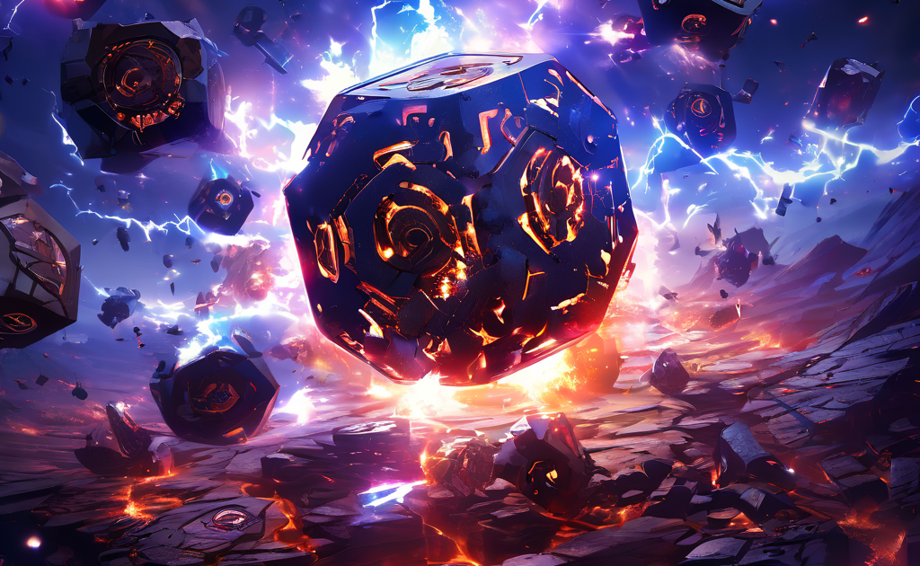 완벽한 난수 생성을 위한 혼돈의 전쟁을 상징하며, 주사위와 기어, 번개가 맞부딪치는 우주적 전장을 표현한 개념 이미지입니다.