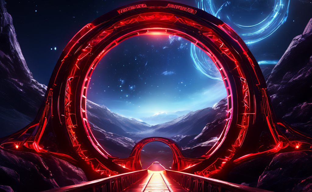 불안정한 웜홀 구조물을 따라 깜빡이는 에너지 실드와 점멸하는 적색 경보 심볼이 배치된 빛나는 웜홀 교량의 모습을 상세히 보여주는 이미지입니다.