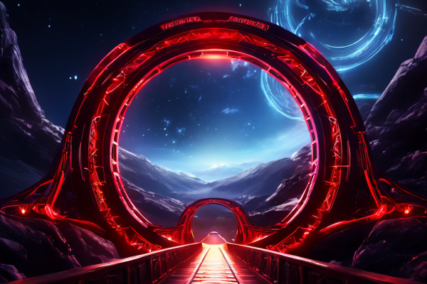 불안정한 웜홀 구조물을 따라 깜빡이는 에너지 실드와 점멸하는 적색 경보 심볼이 배치된 빛나는 웜홀 교량의 모습을 상세히 보여주는 이미지입니다.