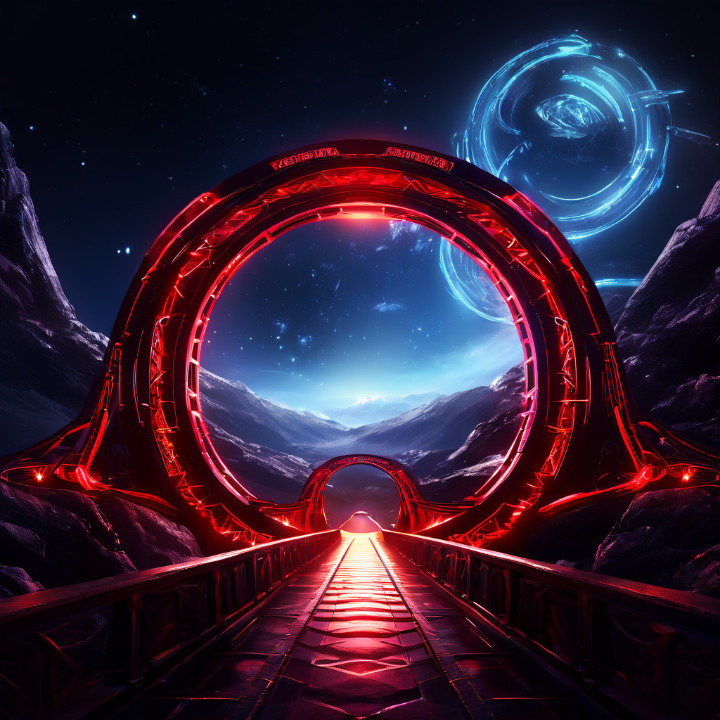 불안정한 웜홀 구조물을 따라 깜빡이는 에너지 실드와 점멸하는 적색 경보 심볼이 배치된 빛나는 웜홀 교량의 모습을 상세히 보여주는 이미지입니다.