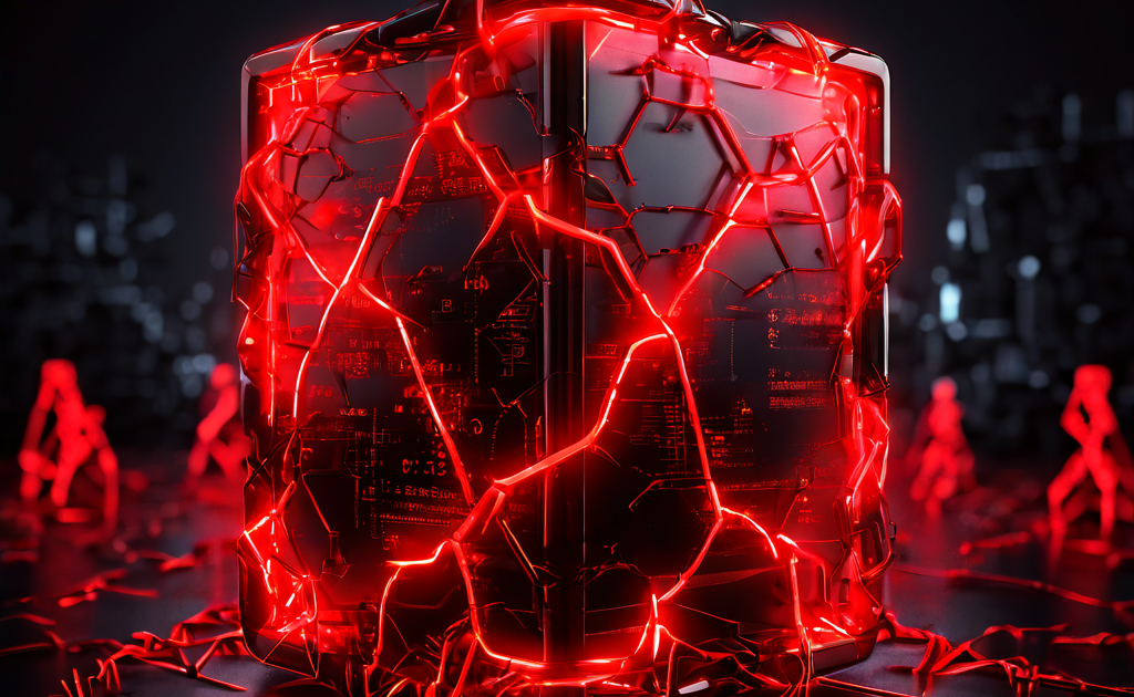 데이터 과부하로 인해 균열이 발생한 디지털 체인 링크와 그 내부의 정체된 네트워크를 붉은 경고 표시가 둘러싸고 있는 모습을 상징적으로 표현한 이미지입니다.