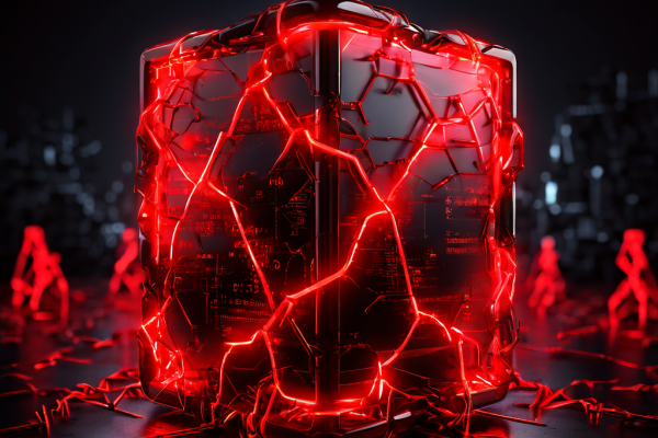 데이터 과부하로 인해 균열이 발생한 디지털 체인 링크와 그 내부의 정체된 네트워크를 붉은 경고 표시가 둘러싸고 있는 모습을 상징적으로 표현한 이미지입니다.