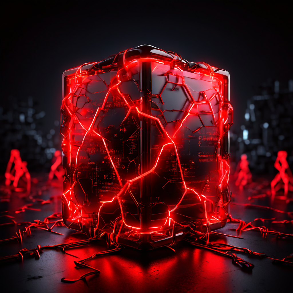 데이터 과부하로 인해 균열이 발생한 디지털 체인 링크와 그 내부의 정체된 네트워크를 붉은 경고 표시가 둘러싸고 있는 모습을 상징적으로 표현한 이미지입니다.