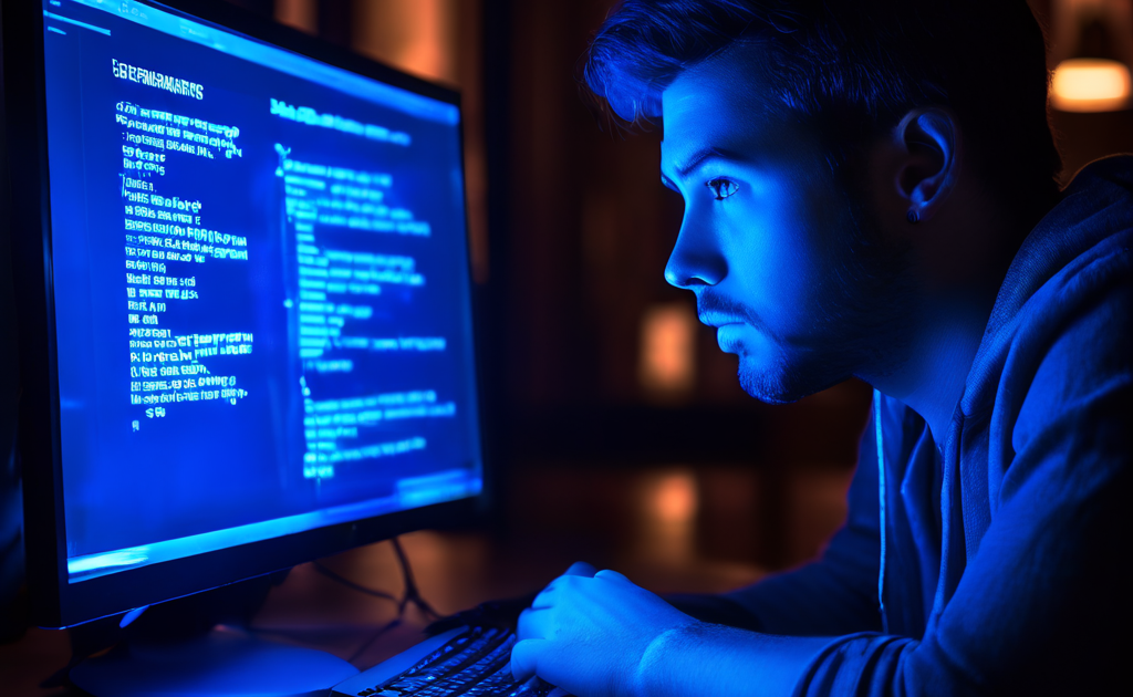 컴퓨터 화면에 표시된 오류 메시지를 바라보며 당황과 우려가 섞인 표정을 짓고 있는 사람의 모습을 담은 이미지입니다.