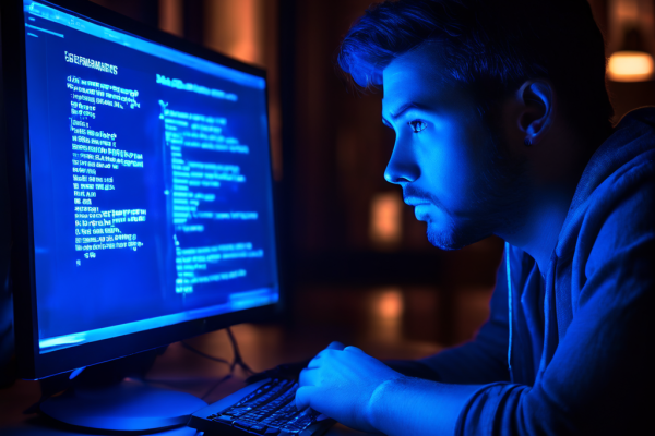 컴퓨터 화면에 표시된 오류 메시지를 바라보며 당황과 우려가 섞인 표정을 짓고 있는 사람의 모습을 담은 이미지입니다.