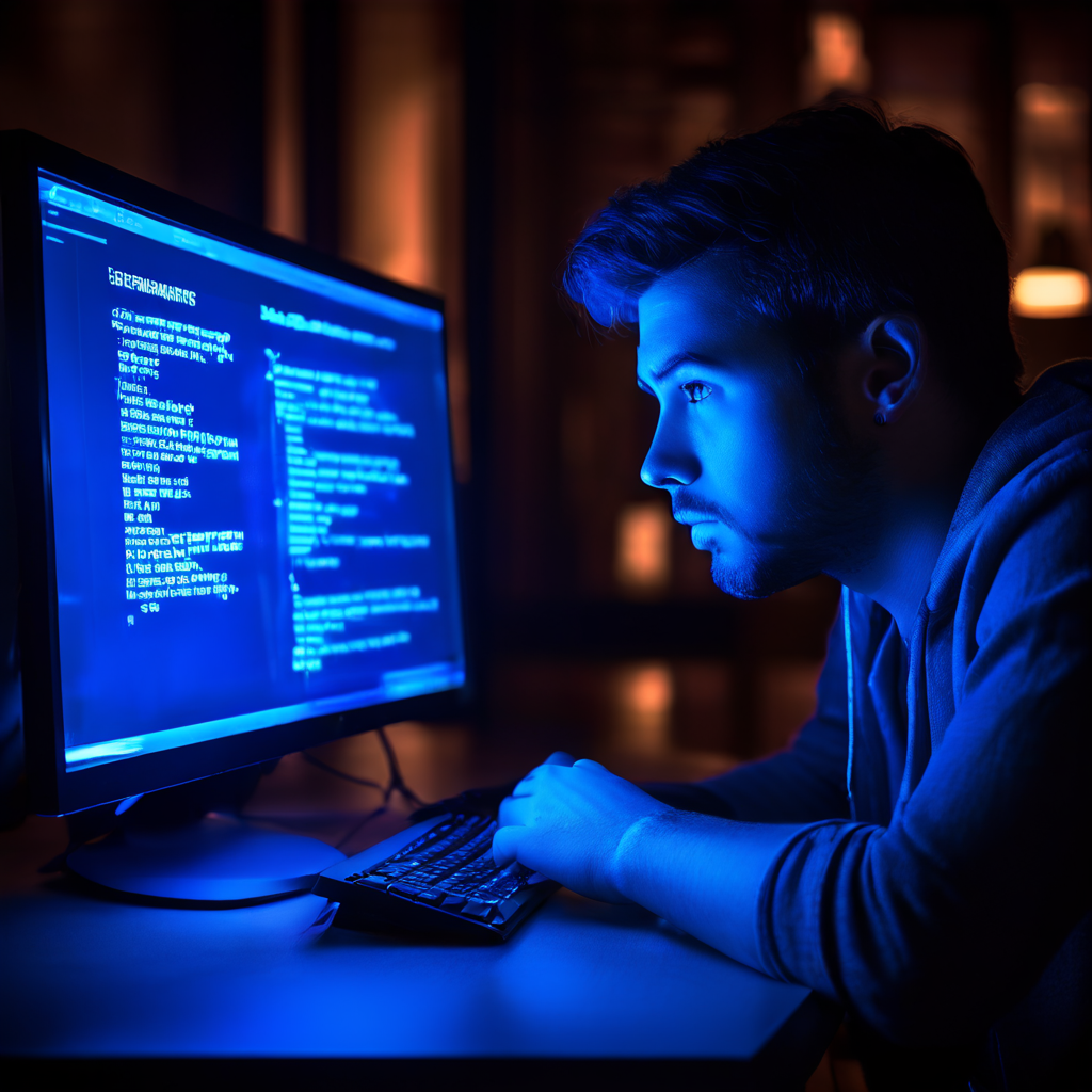 컴퓨터 화면에 표시된 오류 메시지를 바라보며 당황과 우려가 섞인 표정을 짓고 있는 사람의 모습을 담은 이미지입니다.