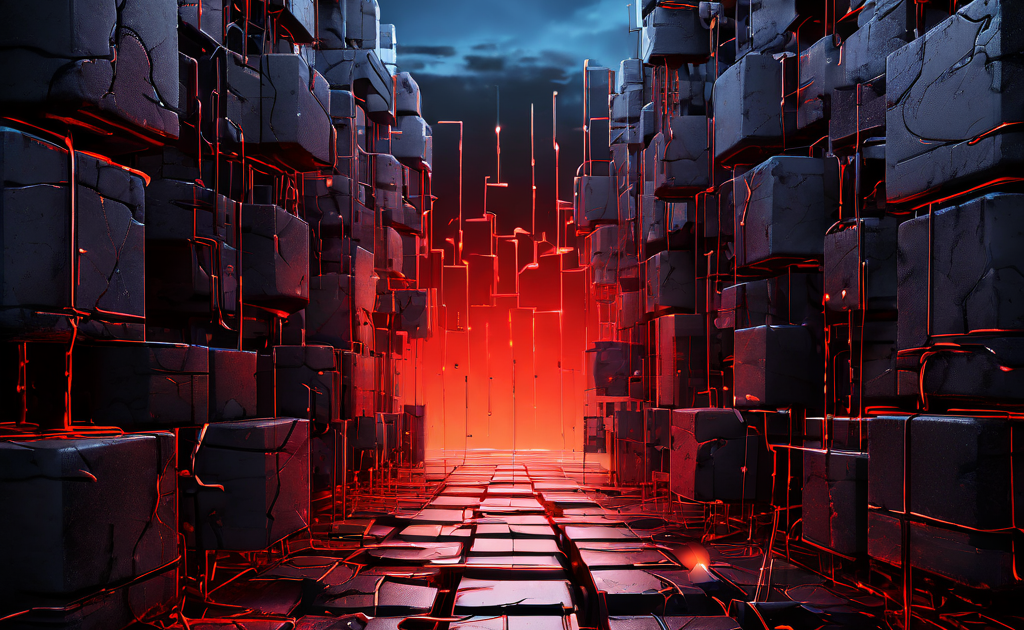 데이터 과부하로 인해 균열이 발생하고 경고 표시가 깜빡이는 디지털 블록 체인이 블록체인 네트워크의 과도한 트랜잭션 부하와 보안 위험을 상징적으로 표현하고 있습니다.