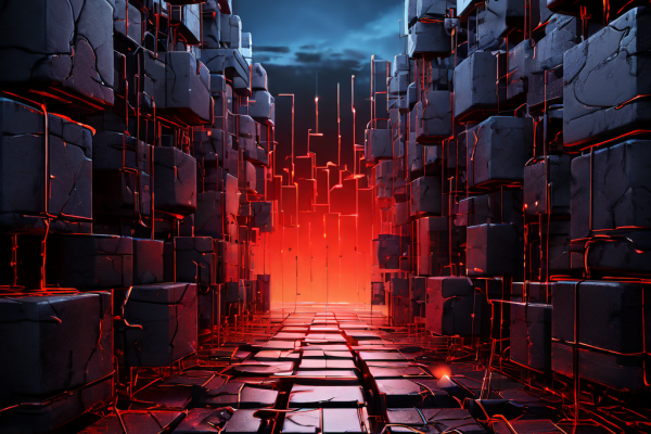 데이터 과부하로 인해 균열이 발생하고 경고 표시가 깜빡이는 디지털 블록 체인이 블록체인 네트워크의 과도한 트랜잭션 부하와 보안 위험을 상징적으로 표현하고 있습니다.