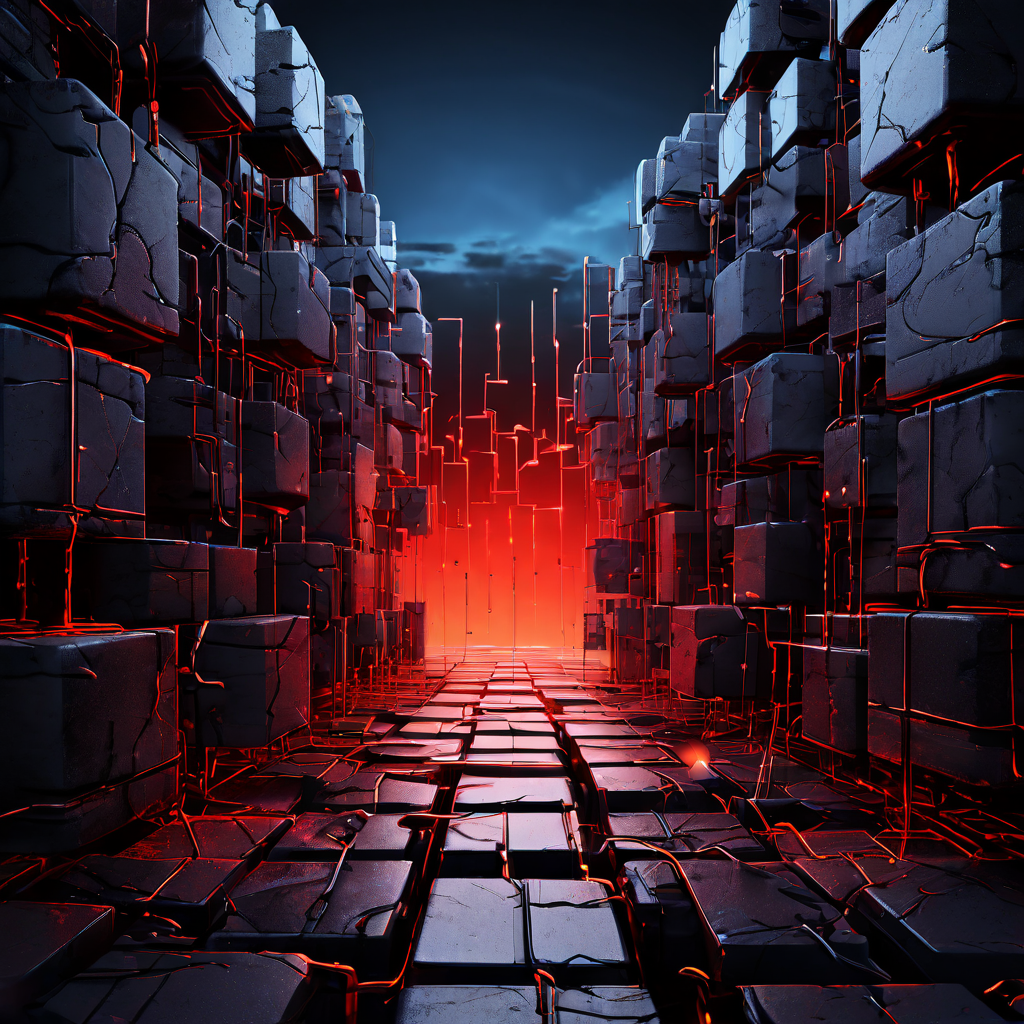 데이터 과부하로 인해 균열이 발생하고 경고 표시가 깜빡이는 디지털 블록 체인이 블록체인 네트워크의 과도한 트랜잭션 부하와 보안 위험을 상징적으로 표현하고 있습니다.