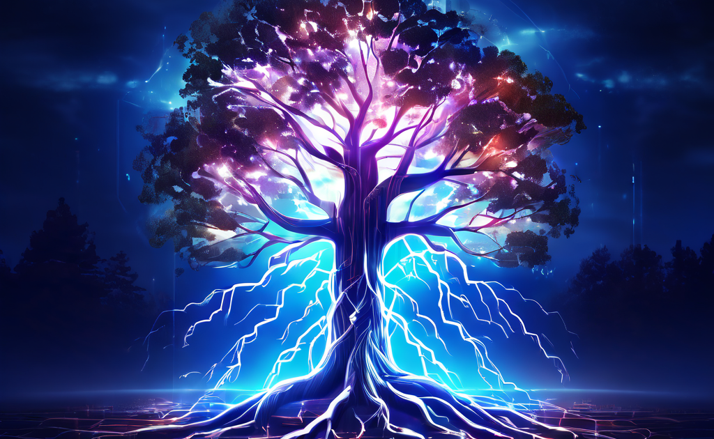 디지털 나무의 빛나는 뿌리가 번개 모양 네트워크와 연결되어 있으며, 트렁크를 따라 토큰이 상승하는 블록체인 기술 콘셉트를 상징적으로 표현한 이미지입니다.