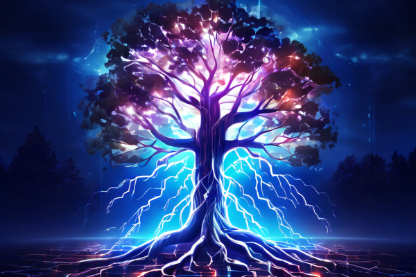 디지털 나무의 빛나는 뿌리가 번개 모양 네트워크와 연결되어 있으며, 트렁크를 따라 토큰이 상승하는 블록체인 기술 콘셉트를 상징적으로 표현한 이미지입니다.