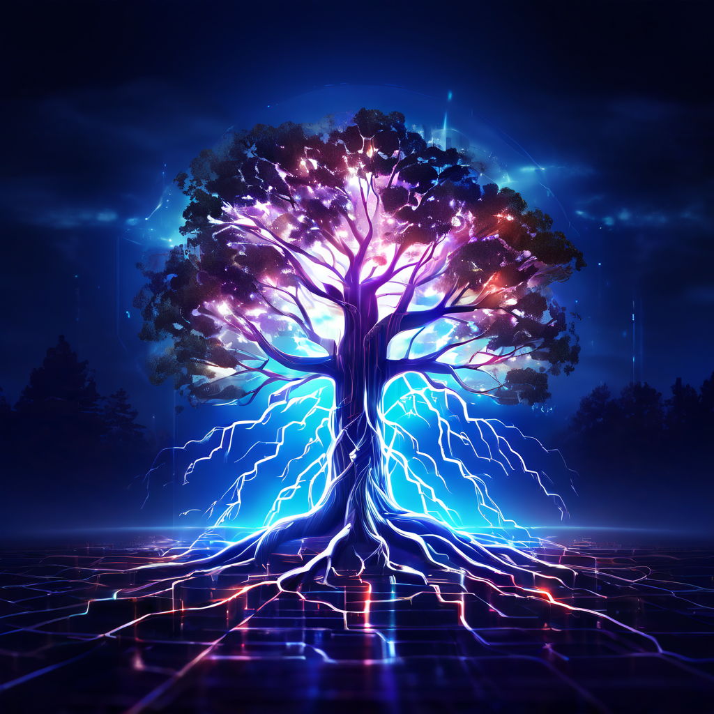 디지털 나무의 빛나는 뿌리가 번개 모양 네트워크와 연결되어 있으며, 트렁크를 따라 토큰이 상승하는 블록체인 기술 콘셉트를 상징적으로 표현한 이미지입니다.