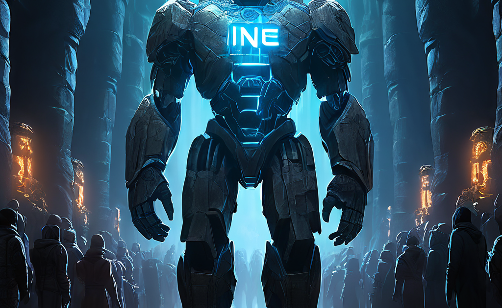 블록체인 네트워크에서 고대 석상 골렘이 디지털 거래들의 질서 정연한 대기열을 지키며 서 있고, 그 중심부에는 트랜잭션 검증의 핵심 요소인 NONCE라는 단어가 빛을 내고 있습니다.