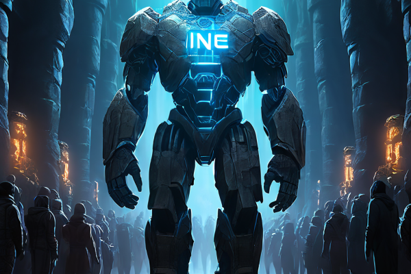 블록체인 네트워크에서 고대 석상 골렘이 디지털 거래들의 질서 정연한 대기열을 지키며 서 있고, 그 중심부에는 트랜잭션 검증의 핵심 요소인 NONCE라는 단어가 빛을 내고 있습니다.