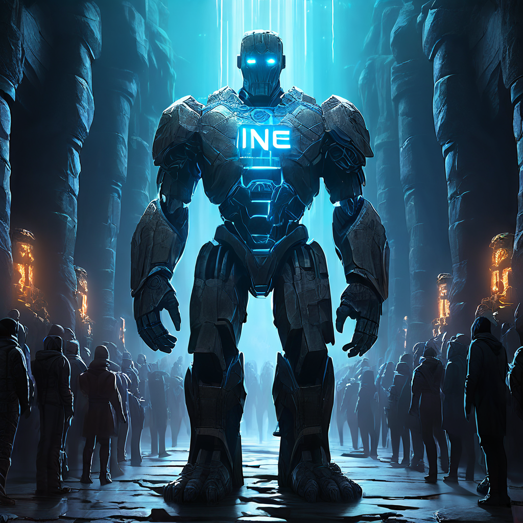 블록체인 네트워크에서 고대 석상 골렘이 디지털 거래들의 질서 정연한 대기열을 지키며 서 있고, 그 중심부에는 트랜잭션 검증의 핵심 요소인 NONCE라는 단어가 빛을 내고 있습니다.