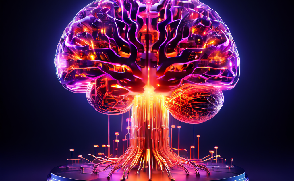 비트코인을 핵심으로 하는 디지털 뇌가 빛줄기로 분산형 오라클 노드들과 연결되어 스마트 계약 회로를 형성하는 블록체인 기술 개념을 시각화한 이미지입니다.